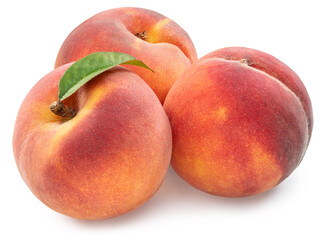 Ripe red peaches with green leaf isolated on white background. File contains clipping path.