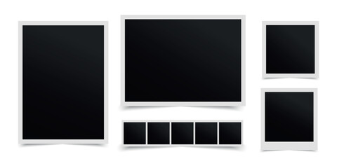 Retro photo frames set in different shapes isolated on white background. Blank instant photo with shadows. Vector illustration