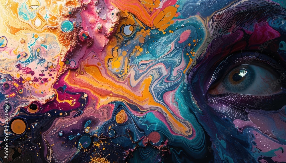 Poster a vibrant fusion of colors and textures, depicting an eye surrounded by abstract patterns and cosmic