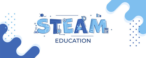 Vector banner dedicated to school education depicts the word STEAM, and each letter of this word refers to a specific subject. Banner Back to School. Icons of different school subjects