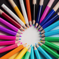 Colored pencils on white backgound. Back to school concept. Stationery composition.