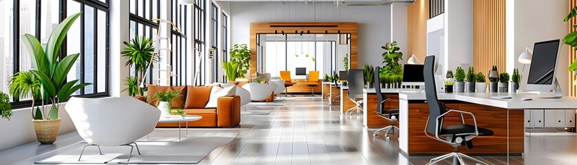 Modern Office Interior with Plants and Natural Light.