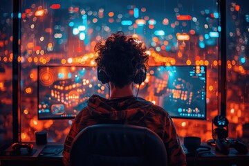 Immersed in a Futuristic Virtual World: A Young Man Engages in Intense Gaming on a Curved Monitor