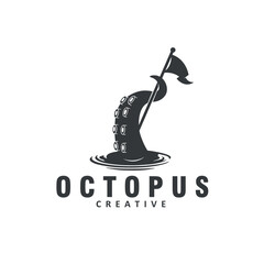 octopus tentacle arms holding flags monochrome logo design vector illustration © Muhammad