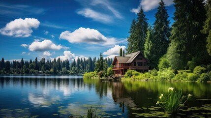 Obraz premium A wooden cabin on the edge of a tranquil lake with a forest background, blue sky, and puffy clouds reflected in the water.