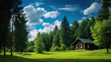 Fototapeta premium A wooden cabin nestled in a lush green forest with a bright blue sky and fluffy white clouds.