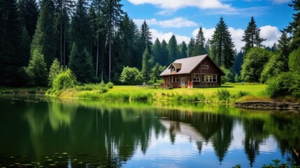 Fototapeta premium A wooden cabin sits on a grassy hill by a lake in the woods. The lake reflects the trees and the blue sky with white clouds.