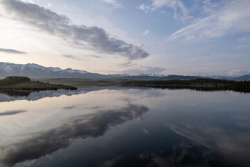 clouds reflecting on a smooth reservoir