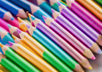 Colored pencils. Back to school concept. Stationery composition.