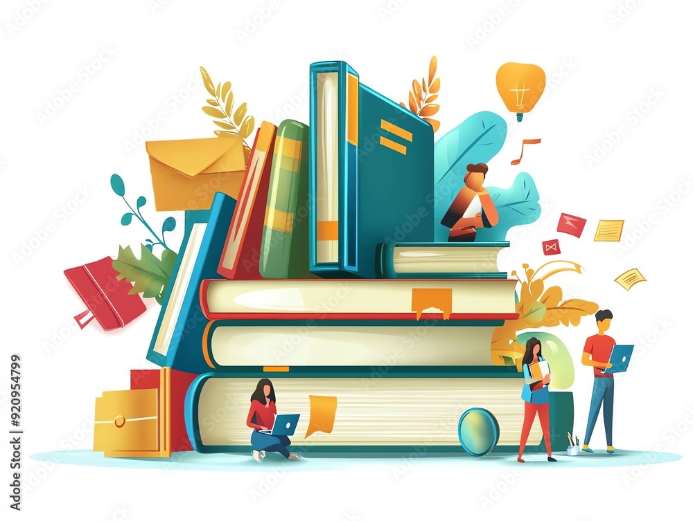 Poster stack of books with people around, learning and knowledge concept.