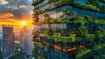 Obraz premium Eco-friendly building in the modern city. Sustainable glass office building with tree for reducing carbon dioxide. Office building with green environment.