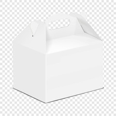 Gable box isolated on transparent background. 3d mockup. White blank carton packaging. Realistic vector mock-up. Cardboard gift bag with handle. Template for design