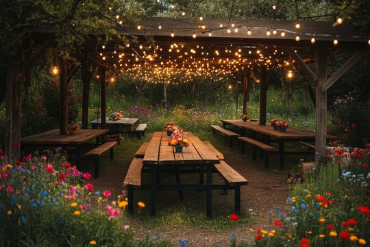 Rustic wooden tables adorned with flowers and twinkling lights create a magical atmosphere for a barnyard wedding during sunset