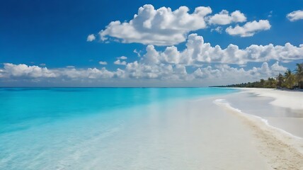 Fototapeta premium Beautiful sandy beach with white sand and rolling calm wave of turquoise ocean on Sunny day. White clouds in blue sky are reflected in water. Perfect background.