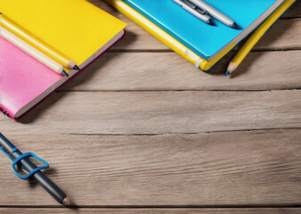 Colored pencils on a wooden table. Back to school concept. Stationery composition.
