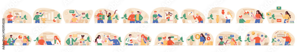 Poster mega set of orange concepts with people scene in flat cartoon design. a large selection of colorful 