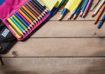 Colored pencils on a wooden table. Back to school concept. Stationery composition.