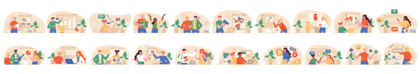 Mega set of orange concepts with people scene in flat cartoon design. A large selection of colorful images showing men and women in various life situations. Vector illustration.