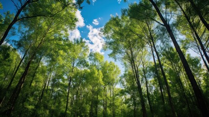 Obraz premium Low angle view of a forest with tall trees reaching for the blue sky with white fluffy clouds.
