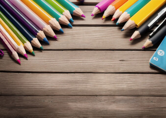Colored pencils on a wooden table. Back to school concept. Stationery composition.