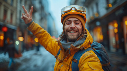 Construction engineer showing the victory sign at construction site.