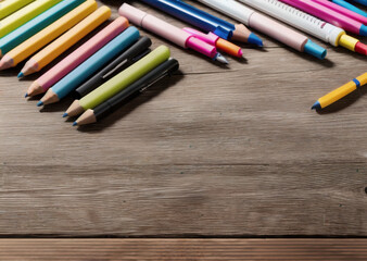 Colored pencils on a wooden table. Back to school concept. Stationery composition.