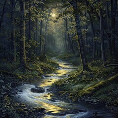 Obraz premium Silent Stream Flowing Through a Dark Forest Night