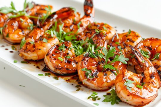 Asian cuisine.Teriyaki.Teriyaki chicken.Teriyaki soy sauce.Grilled teriyaki shrimp garnished with fresh herbs, served on a white plate with a clean background and ample copy space