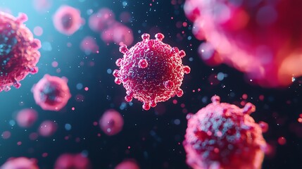 Illustration of a virus in vibrant pink colors, showcasing its complex structure against a blurred background. Ideal for medical themes.
