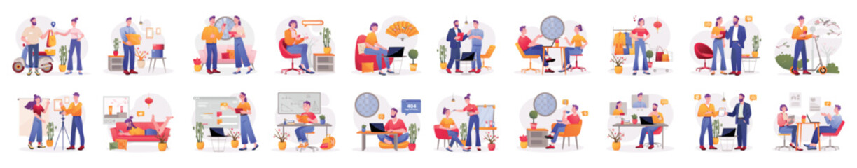 Mega set of color concepts with people scene in flat cartoon design. An extensive collection of vibrant vector illustrations of Asian men and women. Vector illustration.