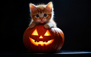 Kitten on Halloween pumpkin isolated on black background, festive decoration with copy space for banner, poster, or advertisement. Halloween celebration concept with glowing jack-o'-lantern.