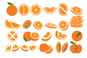 Set of Orange, Farm fresh Orange product emblem for grocery shop, Slides, long and cross sections, and different positions, simple flat vector illustration of vegetables and fruits.