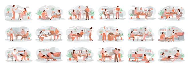 Obraz premium Bundle of pastel color concepts with people scene in flat cartoon design. Illustrations cover business, , hobby, recreation, sport, work and many other aspects. Vector illustration.
