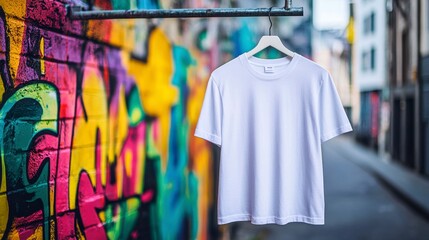A white T-shirt hangs on a hanger against a backdrop of graffiti and a cityscape.