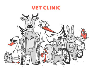 Cute sick animal, Veterinary clinic, illustration in line hand drawn style