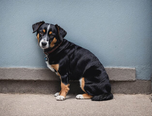 A dog is sitting on the ground with its head down