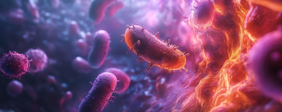 A vibrant illustration of bacteria in a microcosmic environment, showcasing intricate details and vivid colors for scientific exploration.