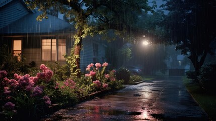 Rain falls on a quiet street at night, illuminating a house with warm light and reflecting in puddles.