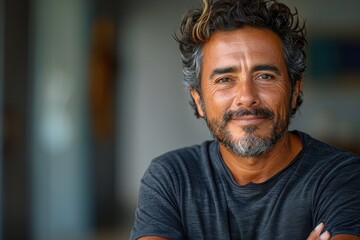 Obraz premium Cheerful Hispanic Man with Crossed Arms, Smiling at Camera, Positive and Confident on Isolated Bac