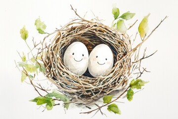 Obraz premium A charming nest with two decorated eggs, surrounded by greenery, symbolizing new beginnings and the joy of spring.