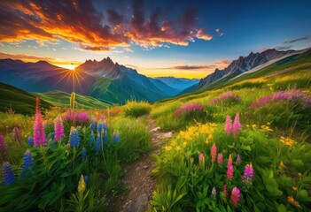 Obraz premium vibrant landscapes capturing thrill adventure lush dynamic beauty, nature, scenery, mountain, forest, river, sky, horizon, trail, exploration, view