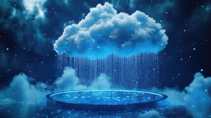 Futuristic cloud background with shimmering 3D rain drops, featuring a modern platform for product display