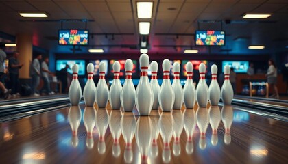 Bowling pins in a perfect triangle, reflected on the lane, surrounded by the energy of players and spectators.






