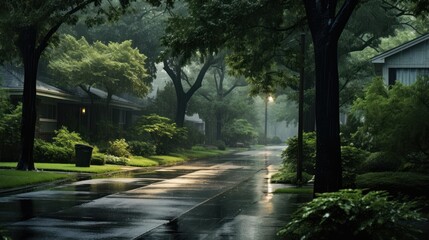 Obraz premium Rainy street in the suburbs with lush green trees and houses on either side.