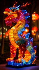 Fototapeta premium Auspicious Dragon with Neon Lights: A dragon depicted with neon lights and dynamic colors, reflecting modern prosperity and power