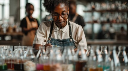A scientist in a lively laboratory, wearing glasses and an apron, is meticulously working with various test tubes and scientific equipment in the pursuit of scientific discoveries.