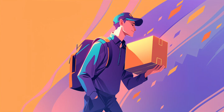 Stylized delivery person with package against orange background. Concept for urban logistic, youth oriented courier service, modern e commerce delivery solution