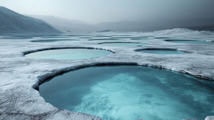 A stunning photograph of circular geothermal pools in a starkly contrasting frozen landscape, illustrating the serene and unique beauty found in nature's extremes.