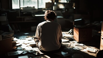 A person in a white shirt sits on the floor surrounded by scattered books and papers in a dimly lit room, evoking a sense of introspection, chaos, and seclusion.