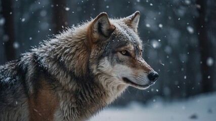 Fototapeta premium Double Exposure Majestic Wolf in Snowy Winter L&scape.
